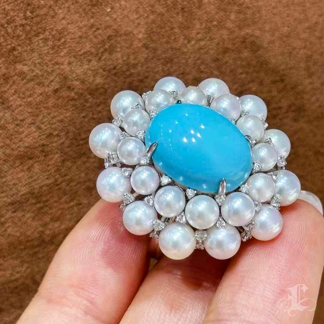 【Caelmare】Baroque Bloom Akoya Pearl & Turquoise Cocktail Ring For Sale 1