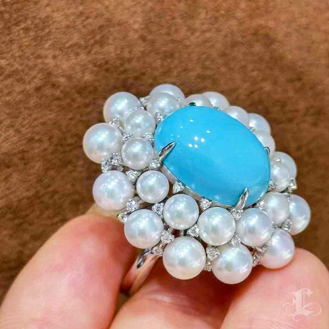 【Caelmare】Baroque Bloom Akoya Pearl & Turquoise Cocktail Ring For Sale 2