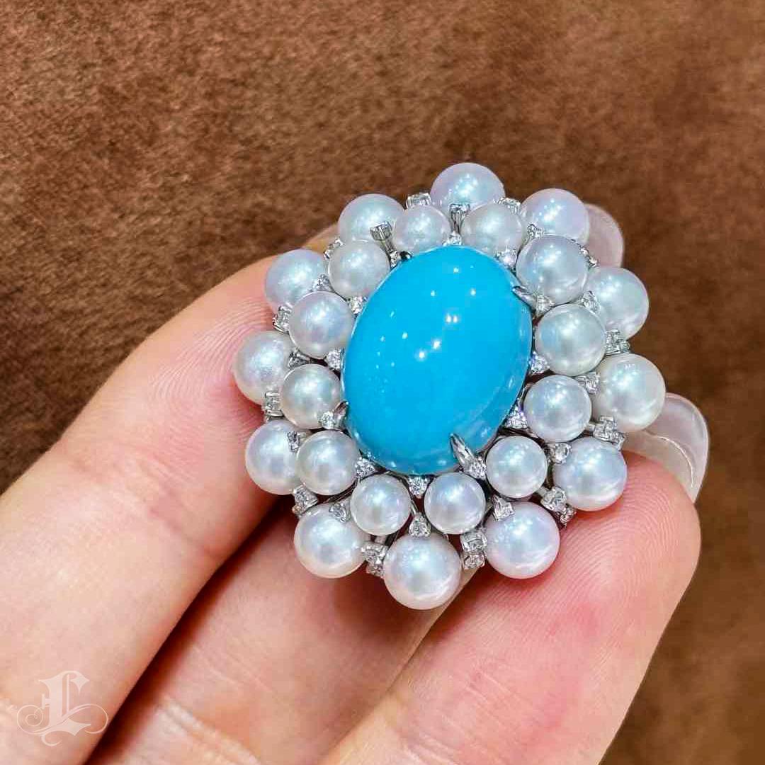 【Caelmare】Baroque Bloom Akoya Pearl & Turquoise Cocktail Ring For Sale 3