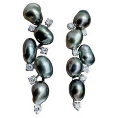 Organic Line Aurora Keshi Tahitian Pearl & Diamond Drop Earrings