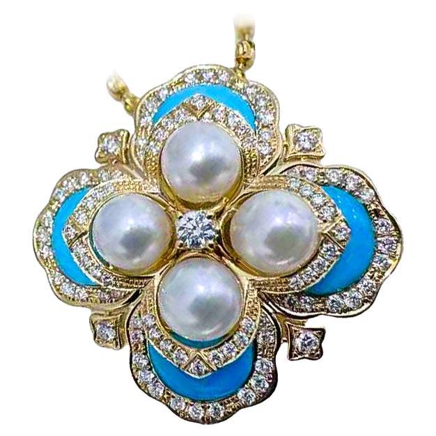 【Caelmare】Azure Clover - Baby Akoya Pearl Turquoise Diamond Pendant Necklace