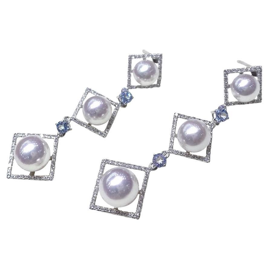 【Sculpted Geometry】Ocean Prism Aurora Akoya Pearl & Aquamarine Drop Earrings