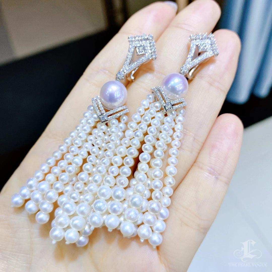 Women's 【Crown Radiance】Cascade Akoya & Freshwater Pearl Diamond Tassel Earrings For Sale
