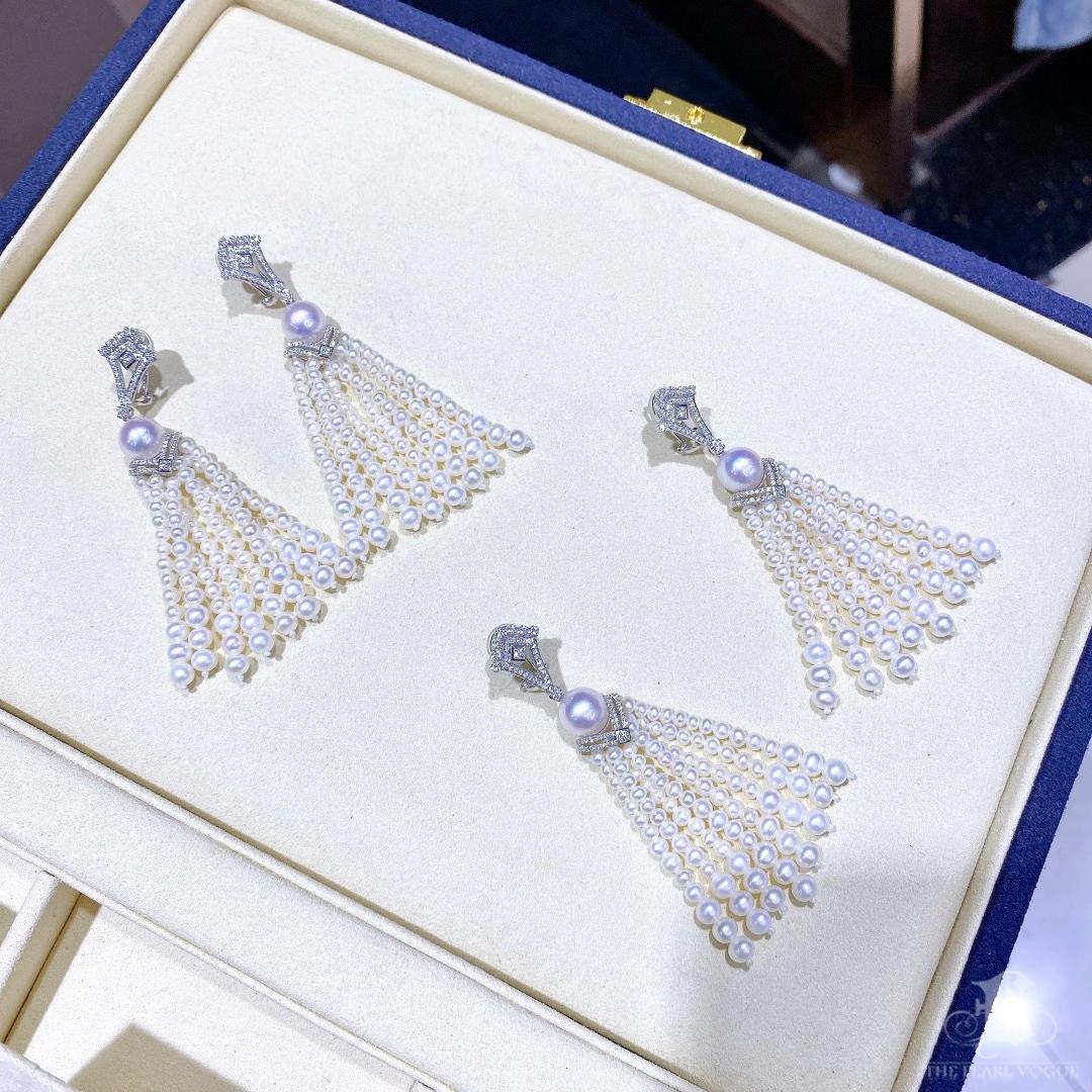 【Crown Radiance】Cascade Akoya & Freshwater Pearl Diamond Tassel Earrings For Sale 3
