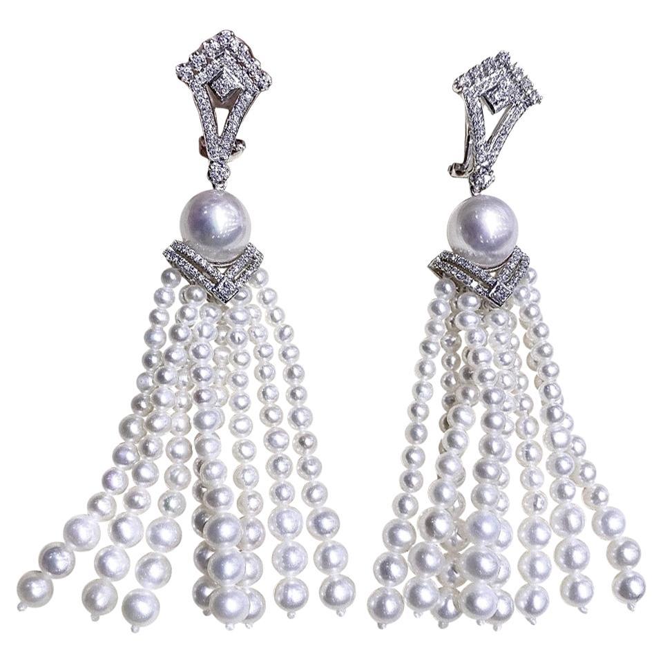 【Crown Radiance】Cascade Akoya & Freshwater Pearl Diamond Tassel Earrings