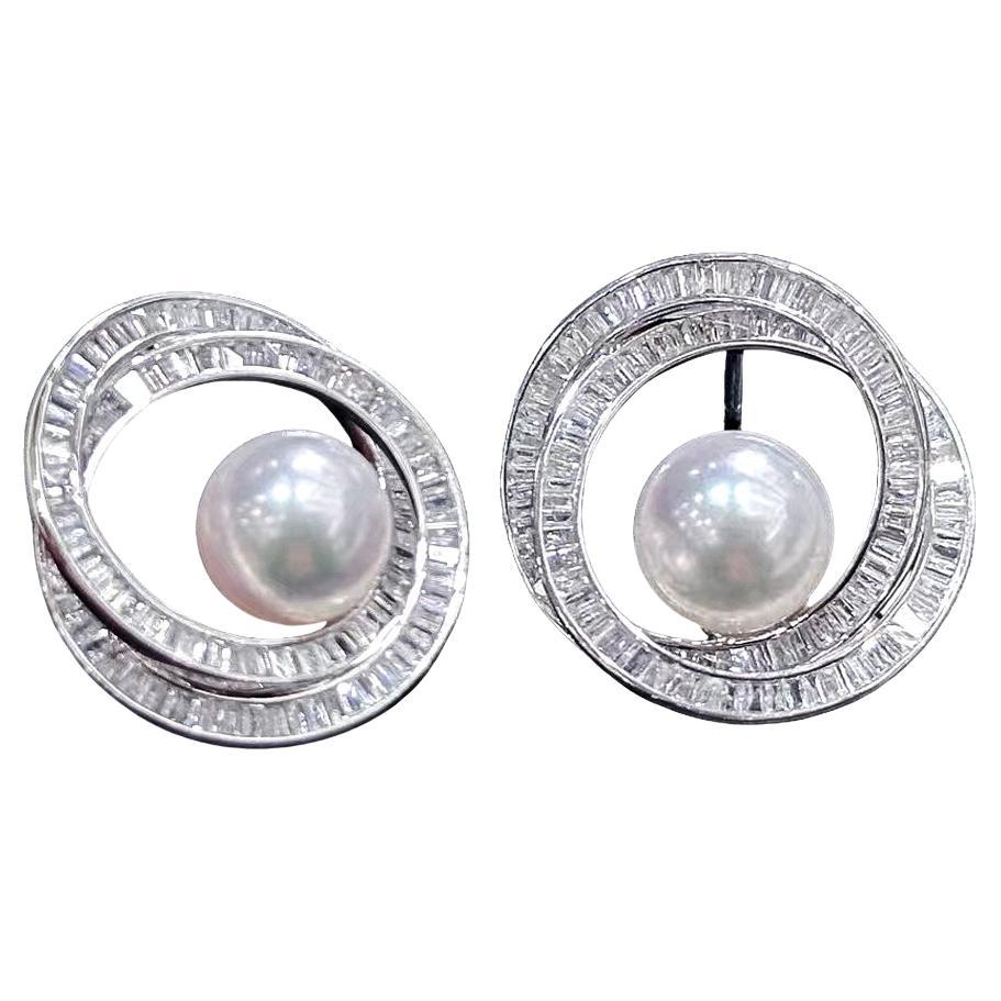 【Sculpted Geometry】Aurora Orbit Akoya Pearl & Baguette Diamond Earrings