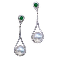 【Crown Radiance】Teardrop Halo Akoya Pearl Emerald Diamond Evening Earrings