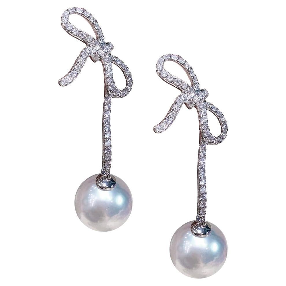 【Lustre Arc】Sleek Bow Aurora Akoya Pearl Diamond Drop Earrings
