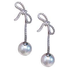 【Lustre Arc】Sleek Bow Aurora Akoya Pearl Diamond Drop Earrings