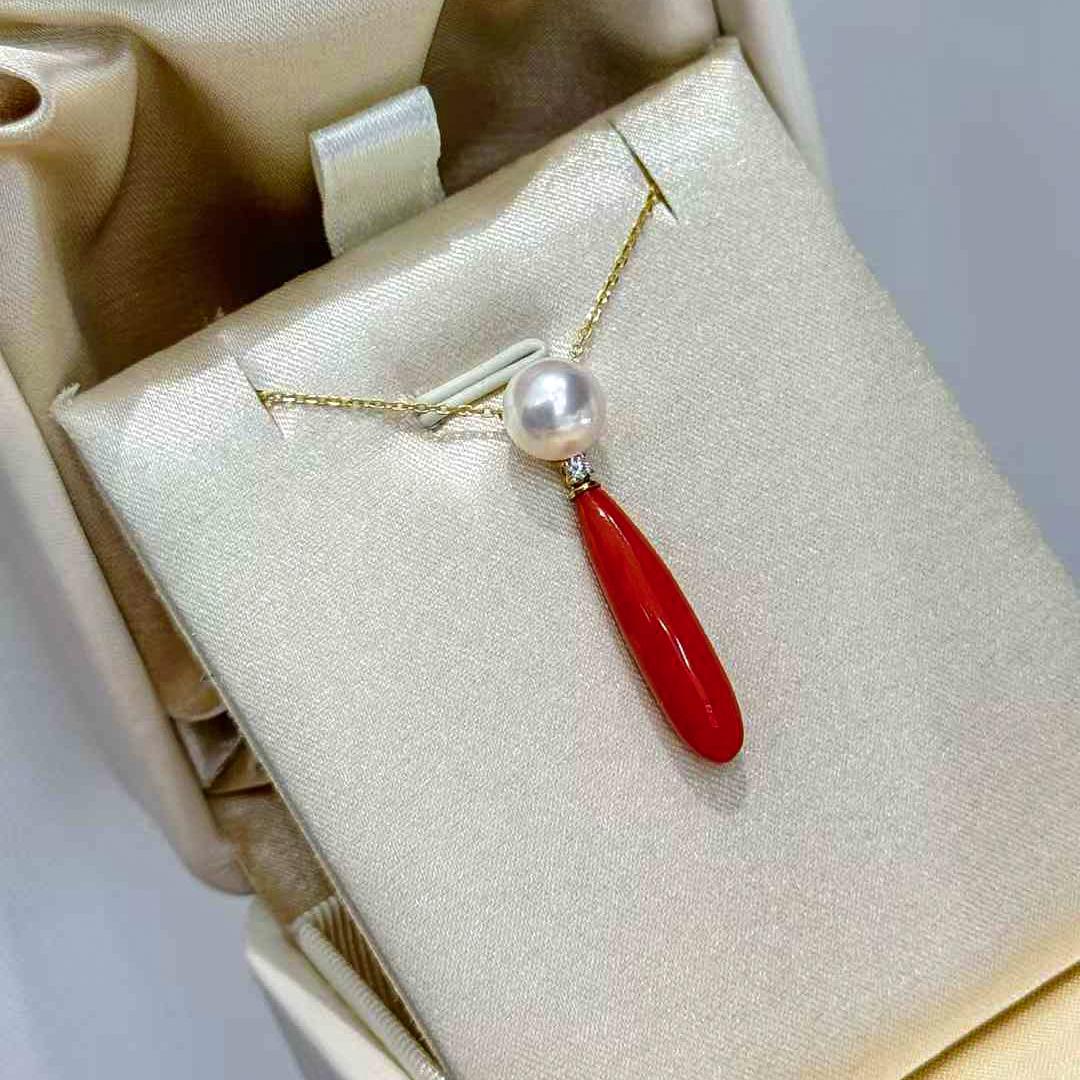 【Sculpted Geometry】Aurora Akoya Pearl & Sardinian Coral Diamond Pendant Necklace en vente 2