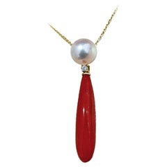 【Sculpted Geometry】Aurora Akoya Pearl & Sardinian Coral Diamond Pendant Necklace