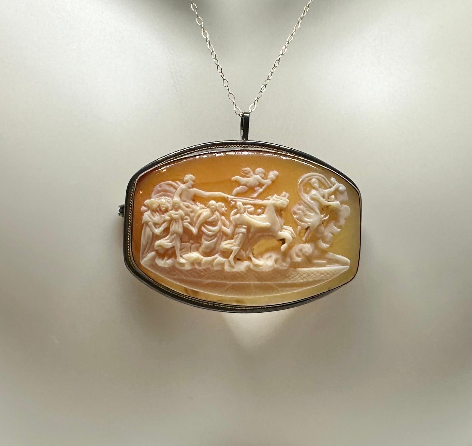 Victorian Aurora And Apollo Chariot Of The Sun Cameo Pendant Brooch Necklace Antique For Sale