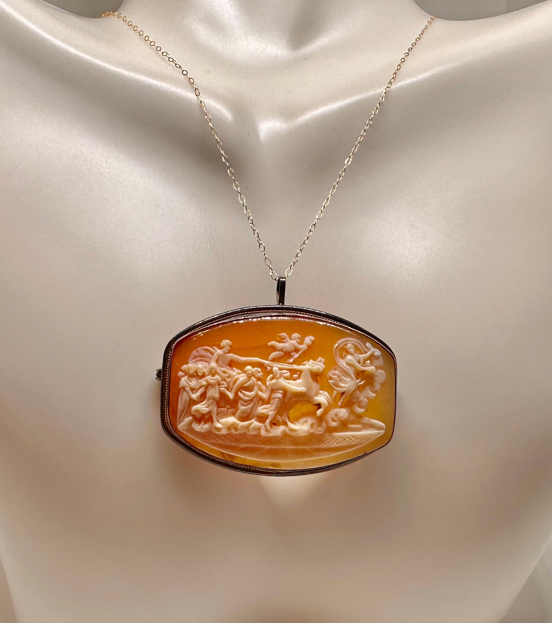 Women's or Men's Aurora And Apollo Chariot Of The Sun Cameo Pendant Brooch Necklace Antique For Sale