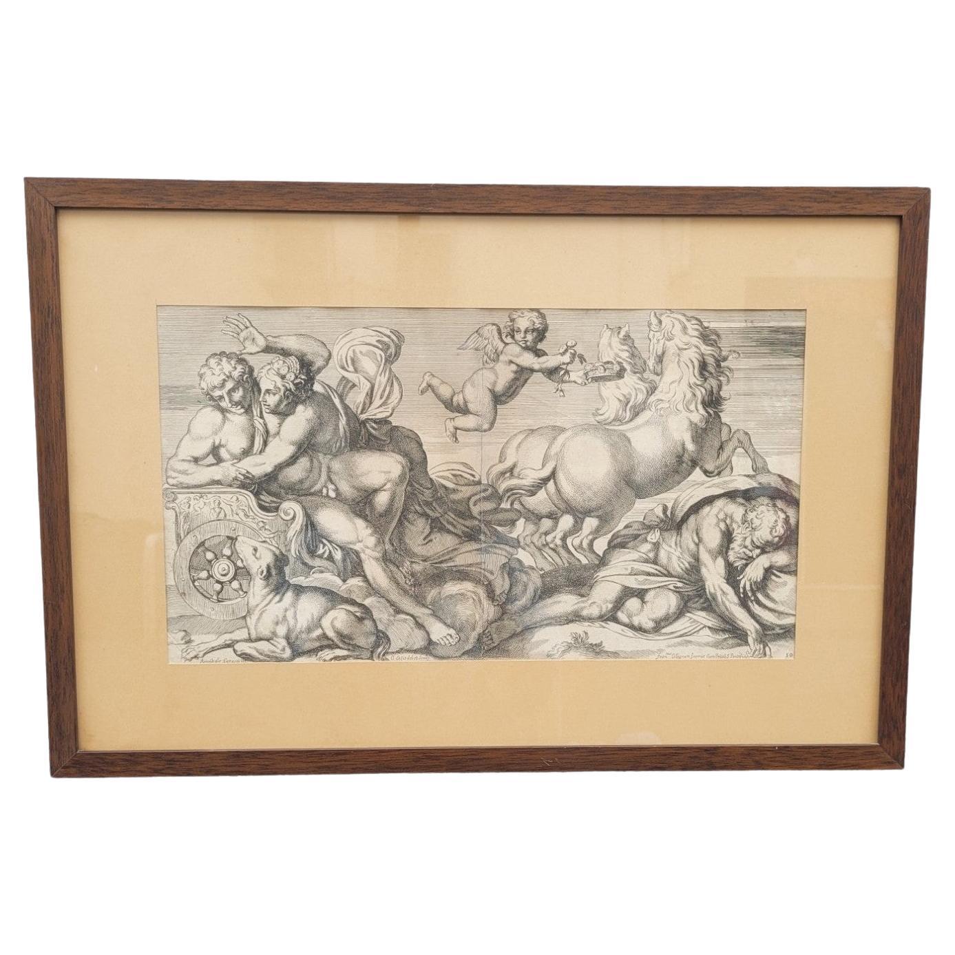 Aurora y Céfalo, grabado enmarcado, Carracci, ¿siglo XVII?
