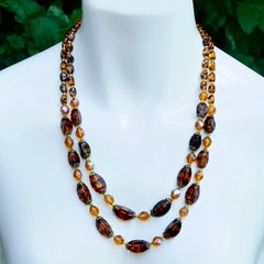 Aurora Borealis Amber Tortoiseshell Striped Glass Two Strand Bead Necklace