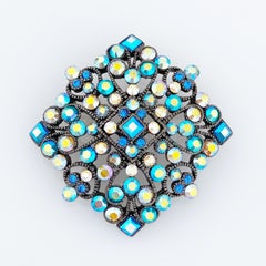 Aurora Borealis Crystal Encrusted Ornate Gunmetal Brooch By Joan Rivers, 1990s