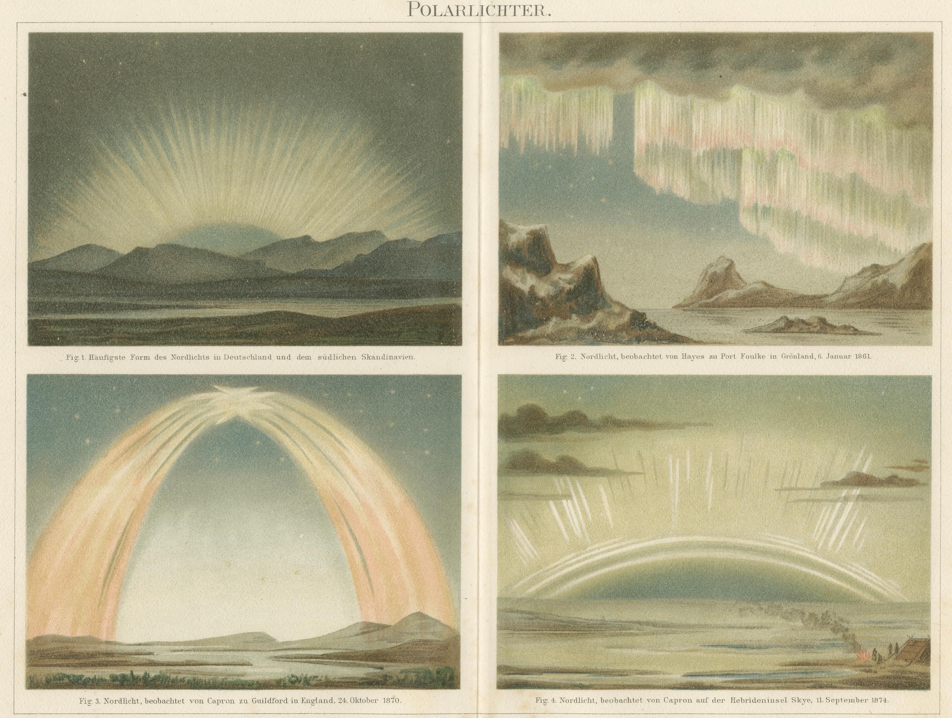 Aurora Borealis in Four Scientific Views, Antique Chromolithograph Meyers c.1900