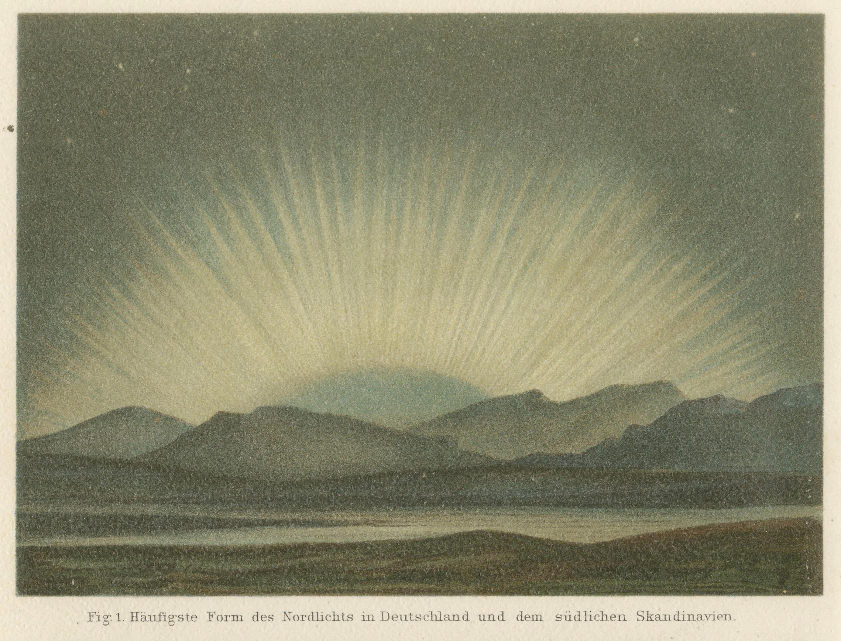 Aurora Borealis in Four Scientific Views, Antique Chromolithograph Meyers c.1900
