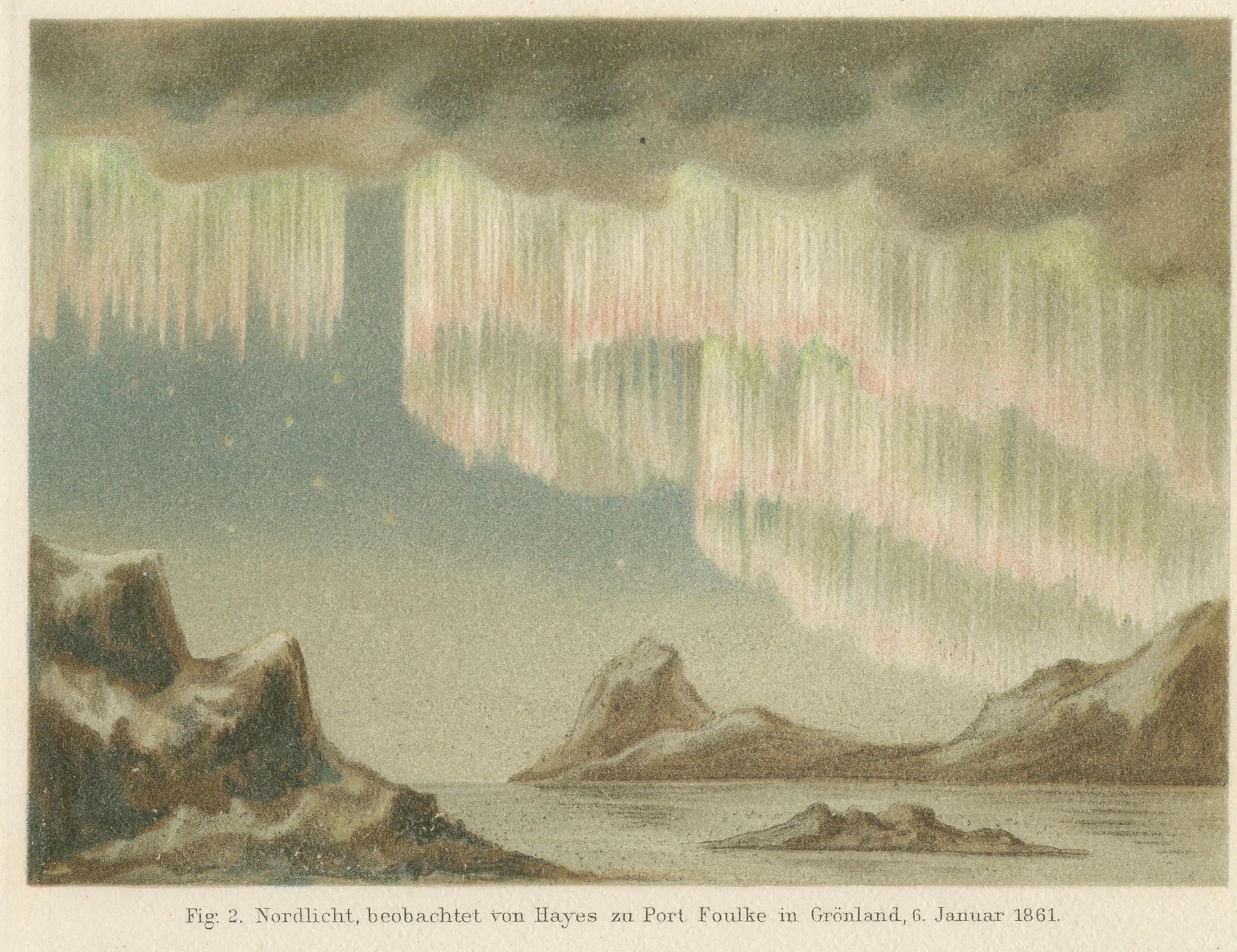 Aurora Borealis in Four Scientific Views, Antique Chromolithograph Meyers c.1900