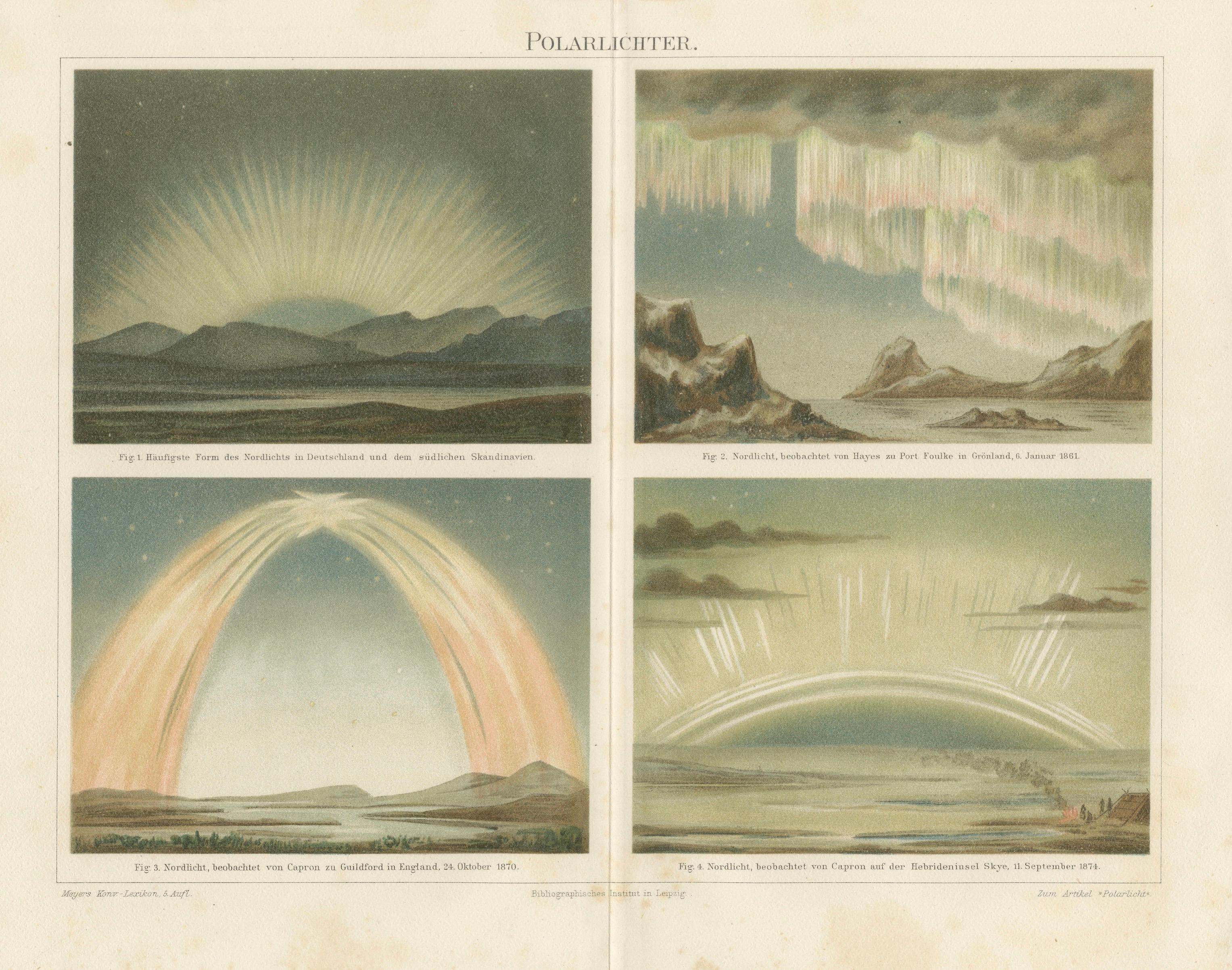 Aurora Borealis in Four Scientific Views, Antique Chromolithograph Meyers c.1900