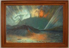 Aurora Borealis Landscape Painting, Hand-Painted, Late 20th Century