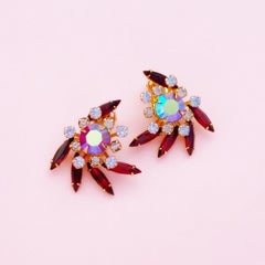Aurora Borealis & Ruby Red Rhinestone Statement Earrings by Beau Jewels, 1960s