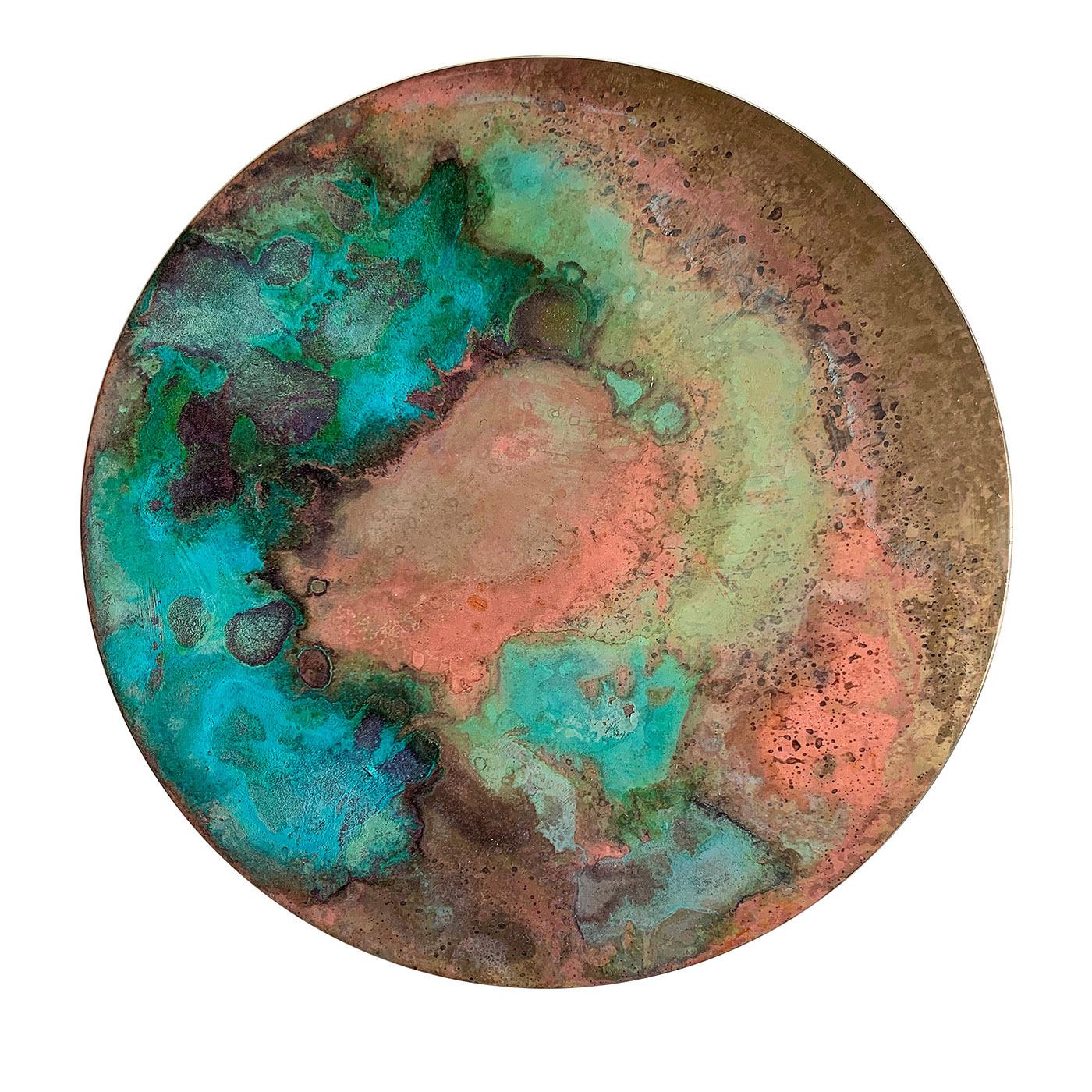 Part of the Aurora Collection of designs conceived with the romantic dawn hues in mind, this decorative disk owes its design to a masterful use of oxides and acids. Pink, turquoise, green, blue, and beige hues merge in a nebulous decoration