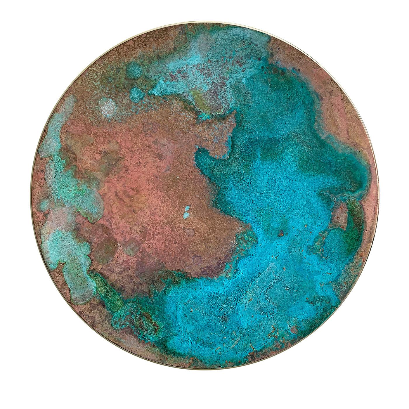 Turquoise clouds accented with teal blotches and emerging from a pink-toned backdrop distinguish the singular look of this decorative brass disk where acids and oxides are employed for a stunning visual and tactile experience. Part of the Aurora