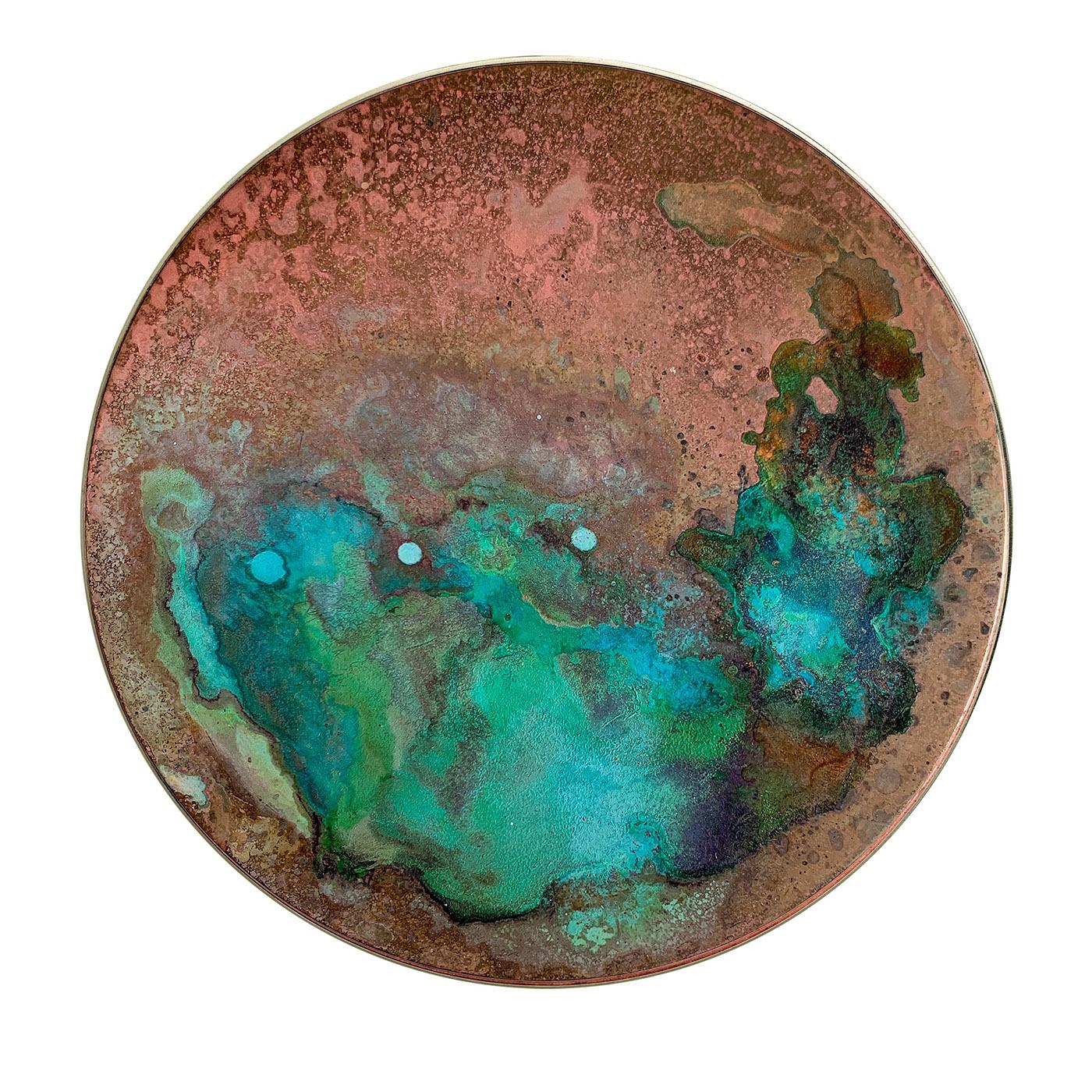 Part of the Aurora Collection, this singular decorative disk owes its breathtaking aesthetic to the unpredictable shades and traceries created by oxides. Turquoise, blue, and green merge in clouds that are set against a shaded pink-toned backdrop