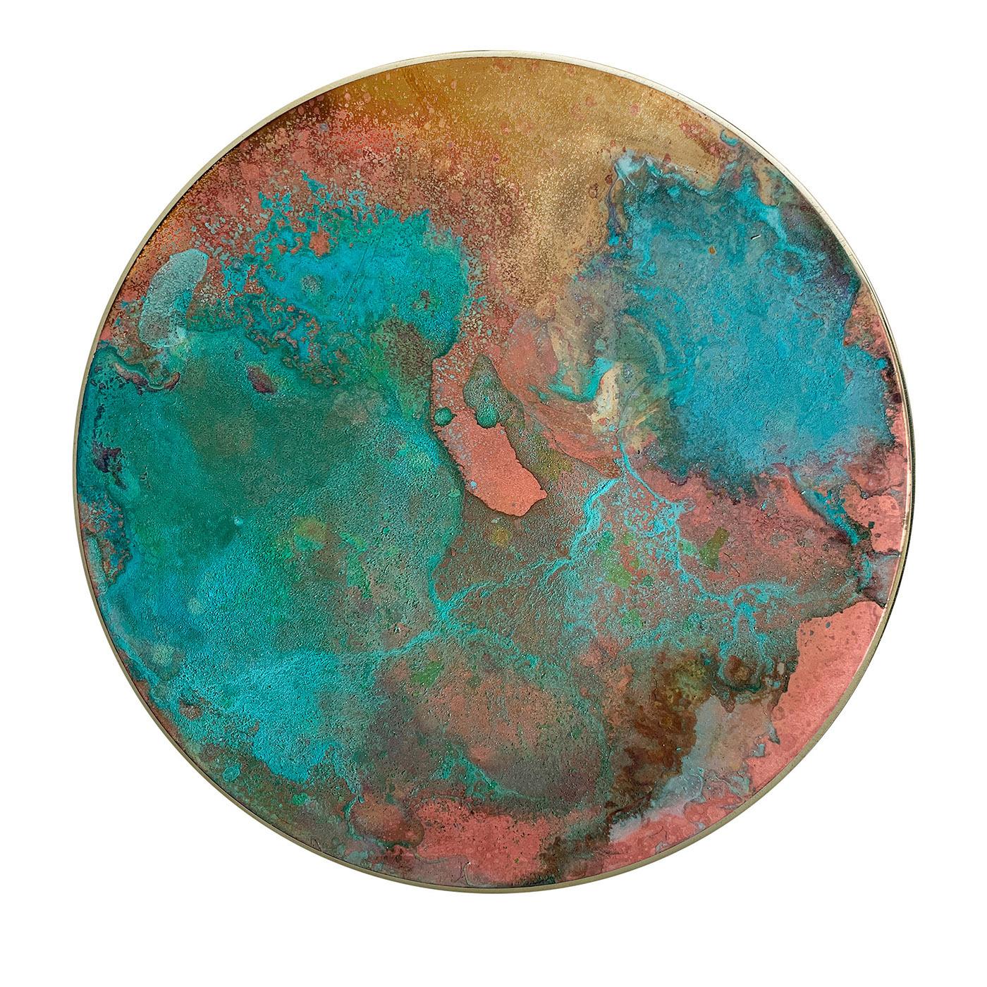 The breathtaking traceries and shades recalling romantic sunrises adorn this singular decorative disk. Deftly handcrafted of brass with applied oxides, it will accent any contemporary home with its aesthetic of extraordinary evocative value. Signed