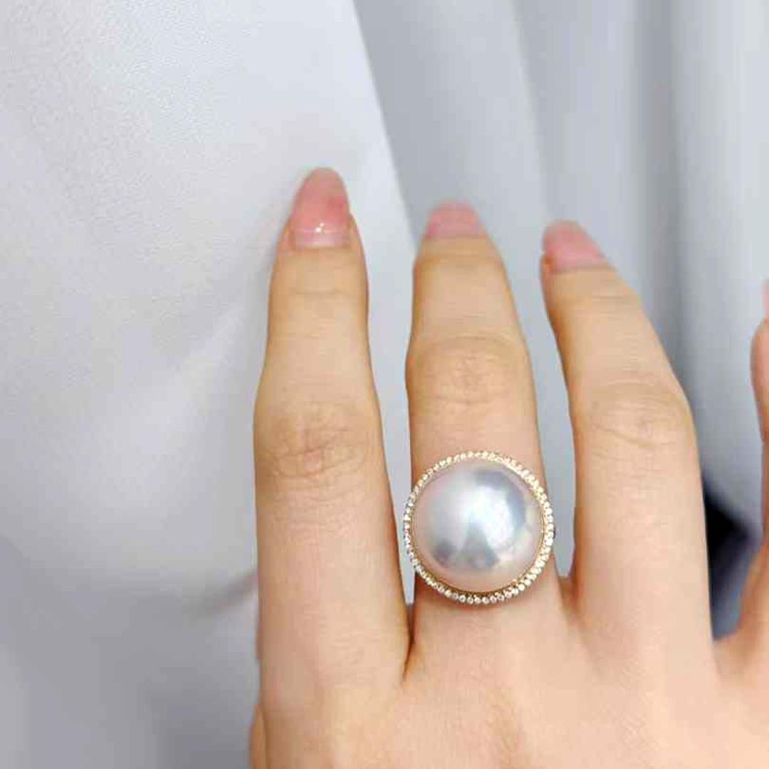 Non taillé 【Crown Radiance】Aurora Dome Mabe Pearl & Diamond Ring