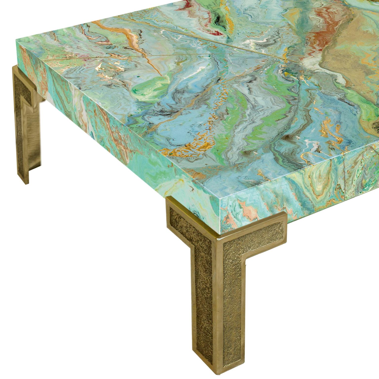 Italian Contemporary Coffee Table Scagliola art Green Top Casted Brass Feet
