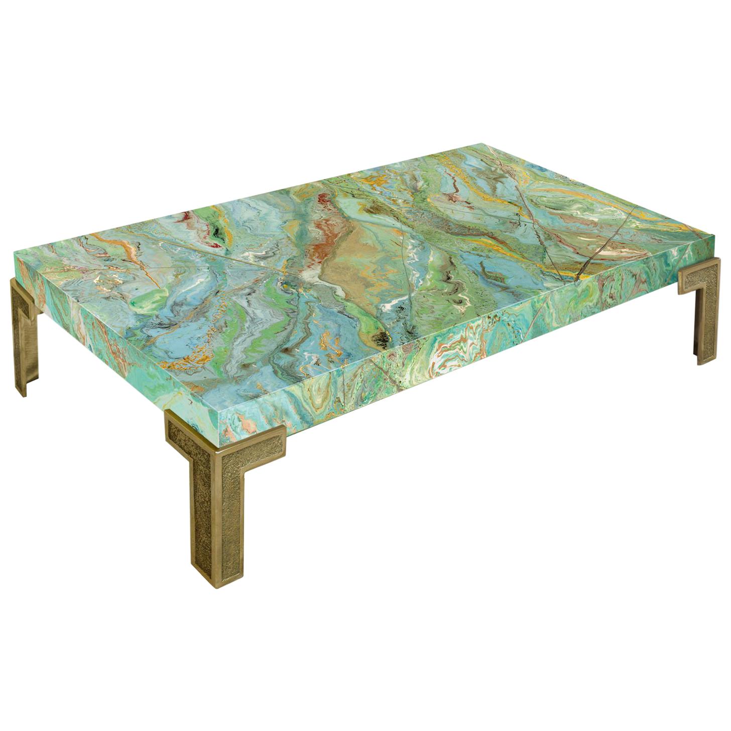 Contemporary Coffee Table Scagliola art Green Top Casted Brass Feet