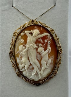 Aurora Goddess Cherub Angel Putti Cameo Pendant Brooch Necklace 18 Karat Gold