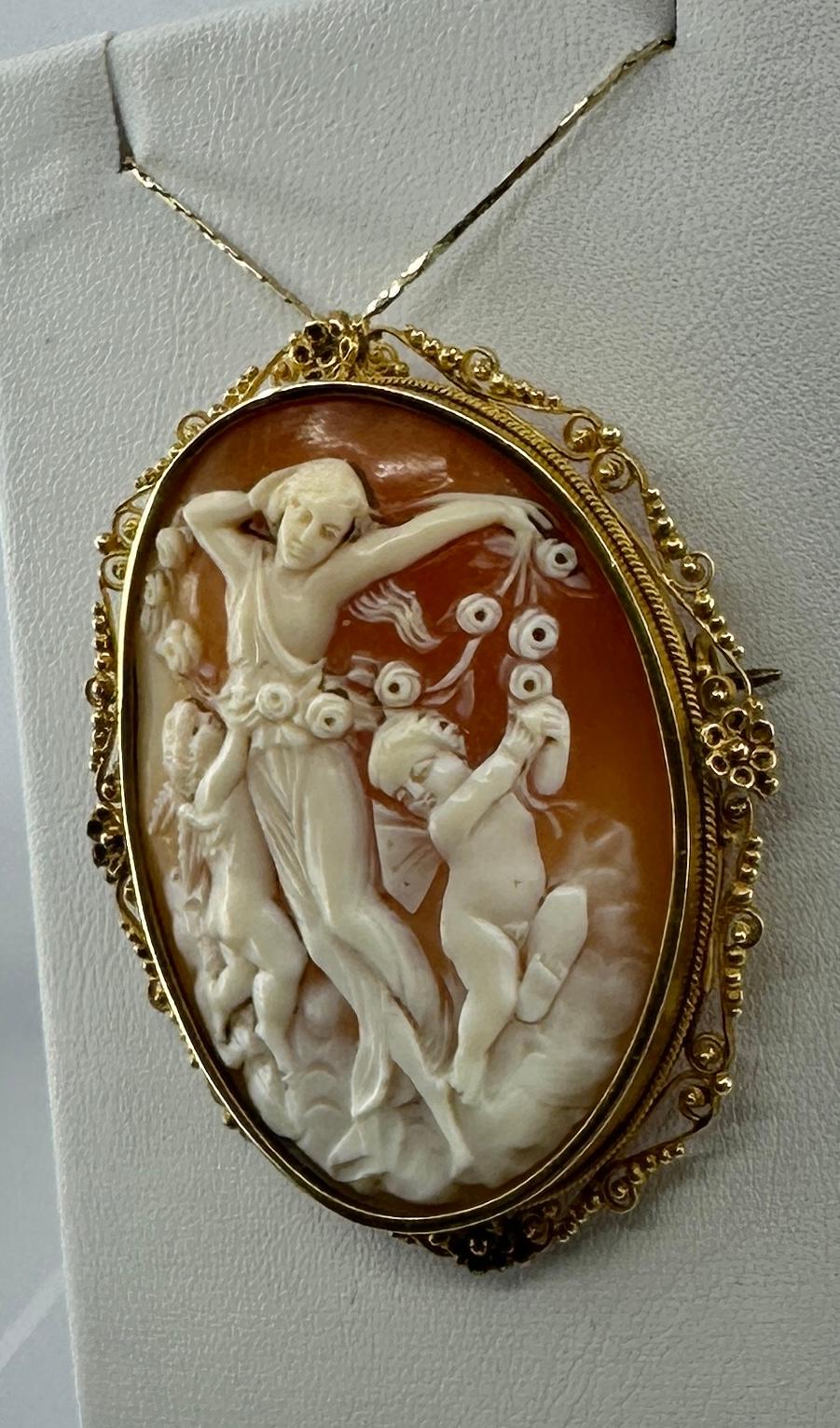 Aurora Göttin Cherub Engel Putti Kamee Anhänger Brosche Halskette 18 Karat Gold im Angebot 4