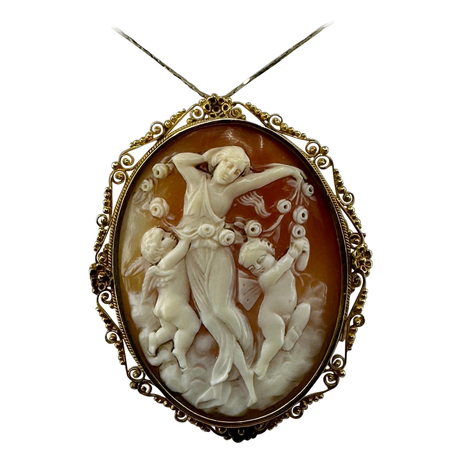 Aurore Déesse Chérubin Ange Putti Camée Pendentif Broche Collier Or 18 carats