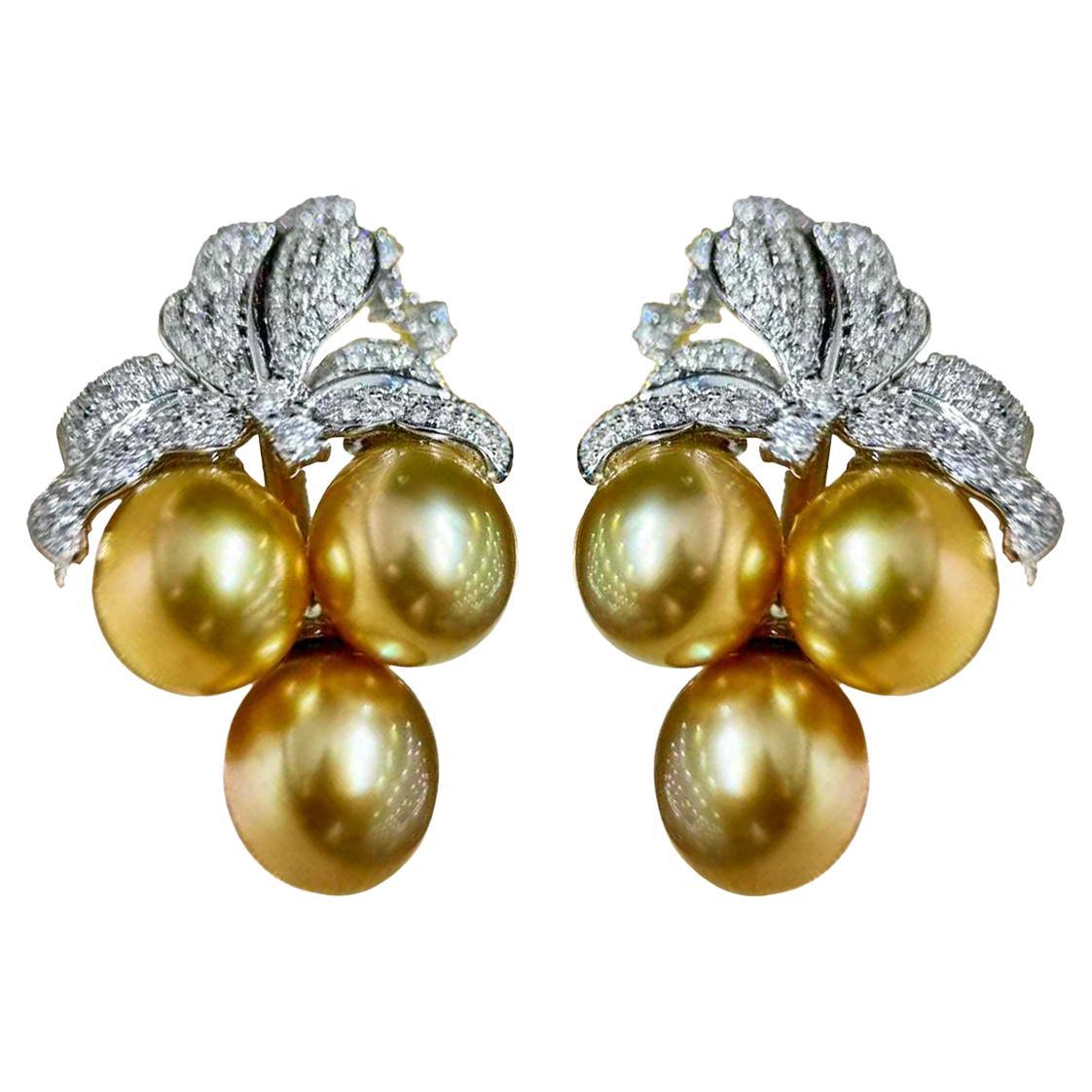 【Vine Symphony】Golden Bloom South Sea Pearl Cluster Diamond Earrings
