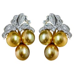 【Vine Symphony】Golden Bloom Südsee Perlen Cluster Diamant Ohrringe