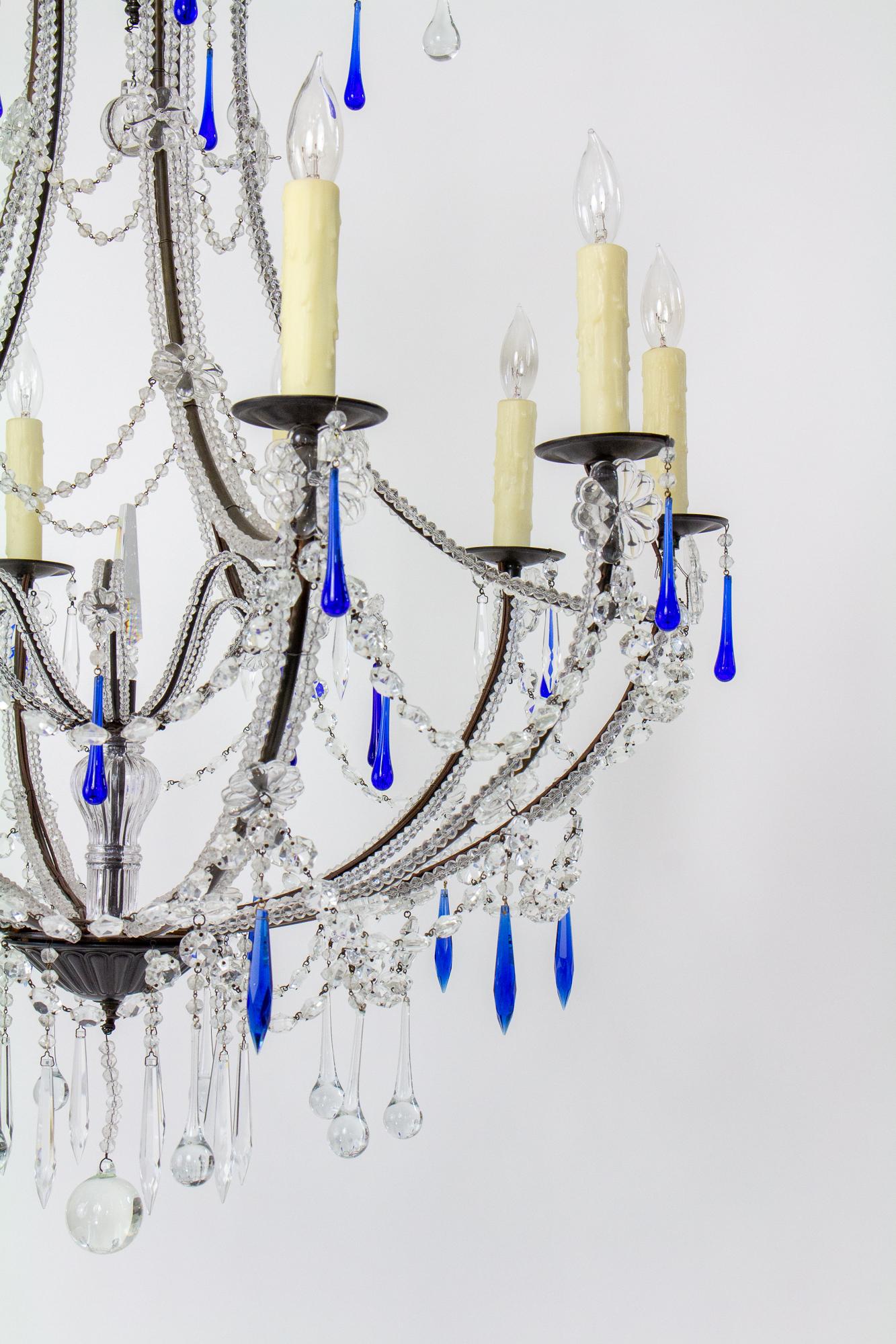 Art Deco Aurora Grande Large Chandelier with Cobalt Crystals For Sale