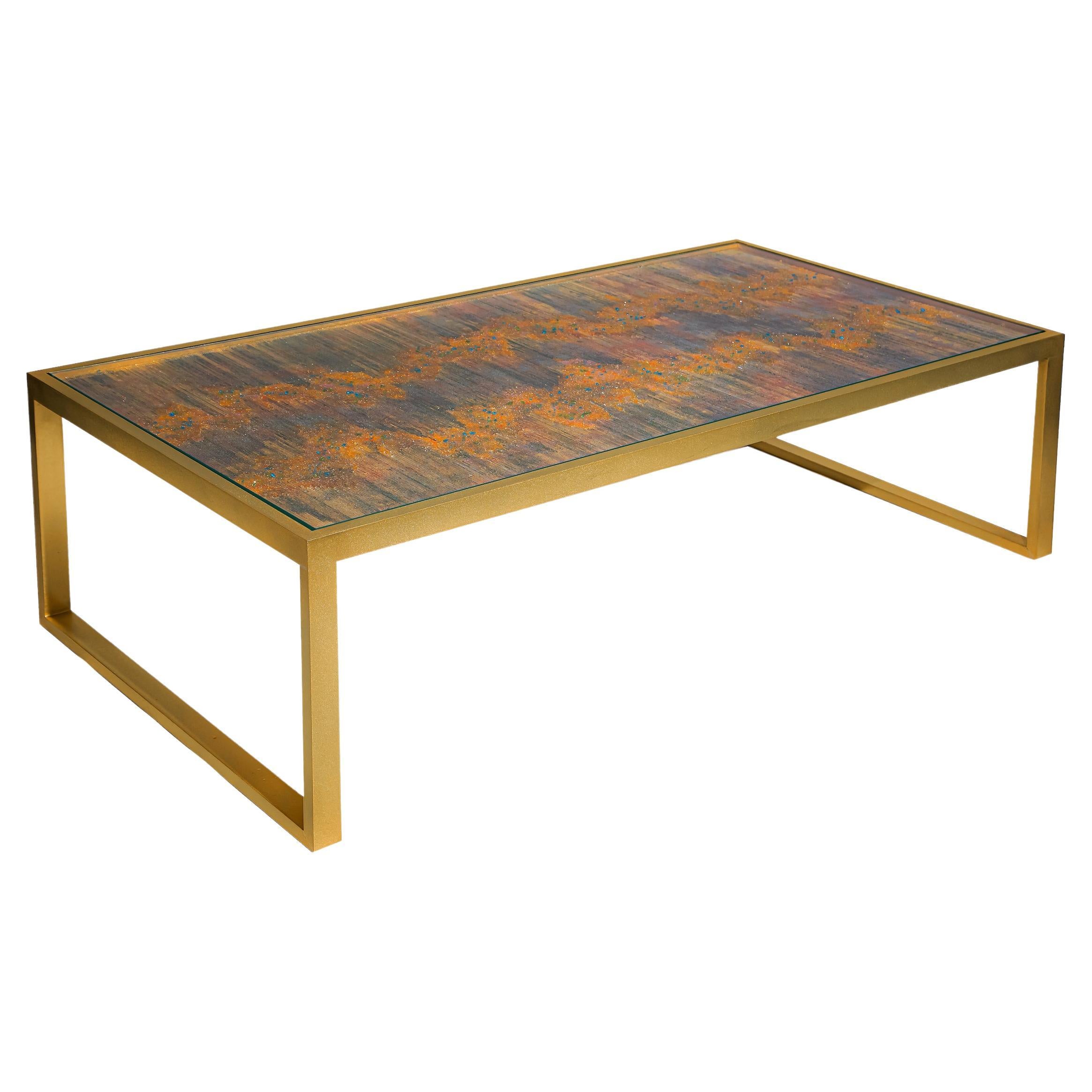 "Aurora" One-Of-A-Kind Glass Topped Coffee Table Satin Finish Brass Base