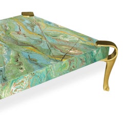 Coffee Table Green marbled Top and Polished Brass feet Handmade Italy by Cupioli