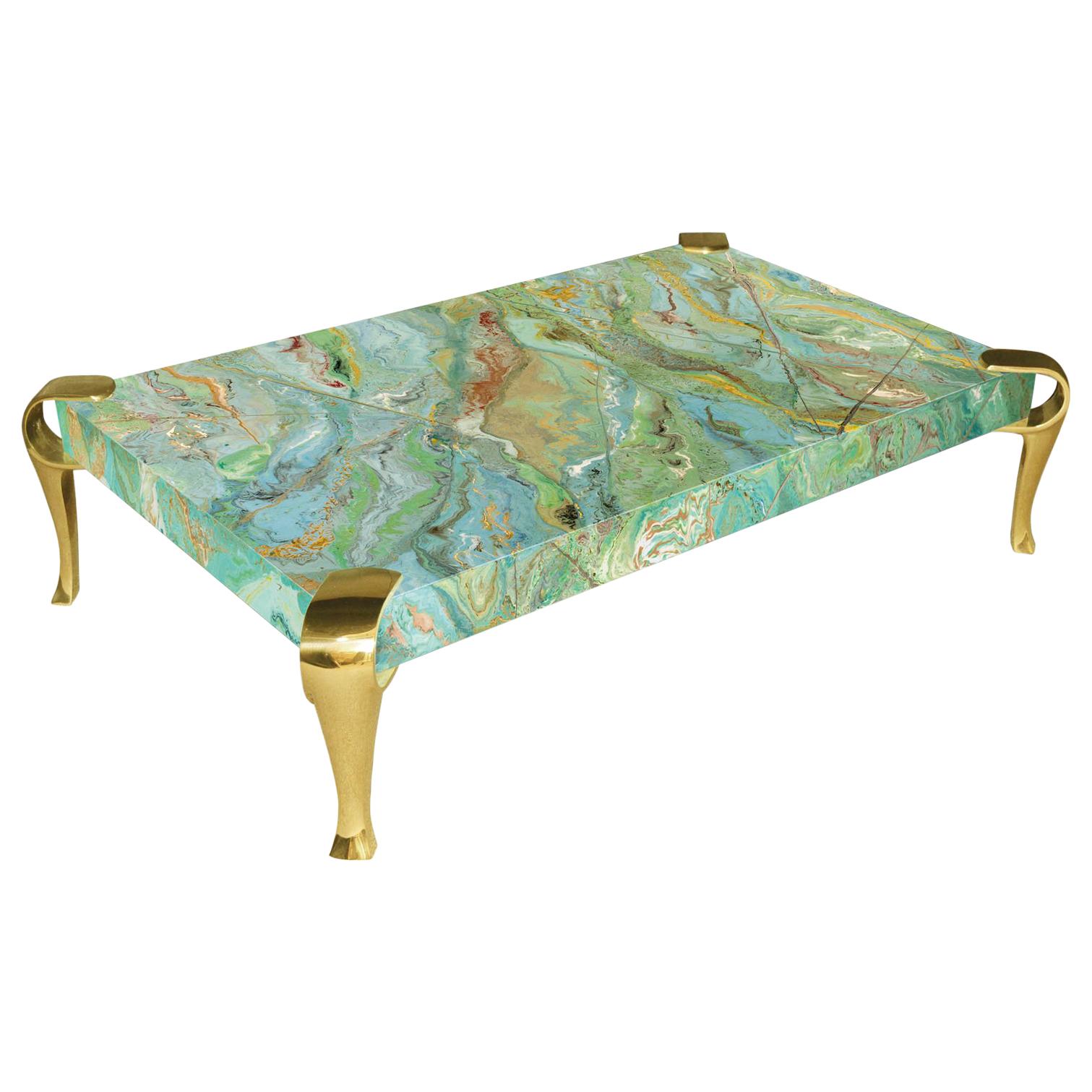 Coffee table green scagliola art top polished brass feet handmade Italy For Sale