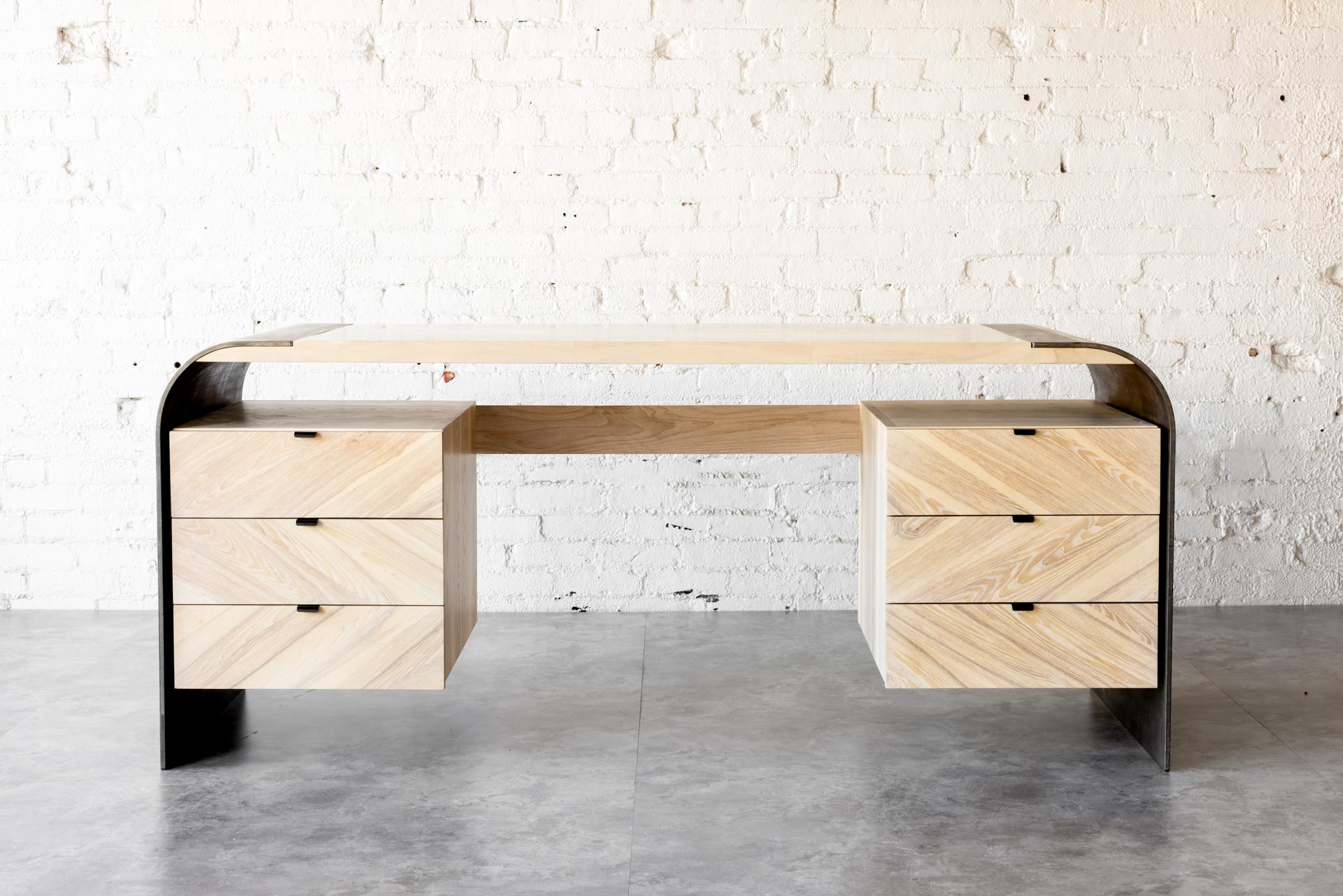 Modern Aurora Sculptural Steel and Ash Wood Desk by Autonomous Furniture For Sale