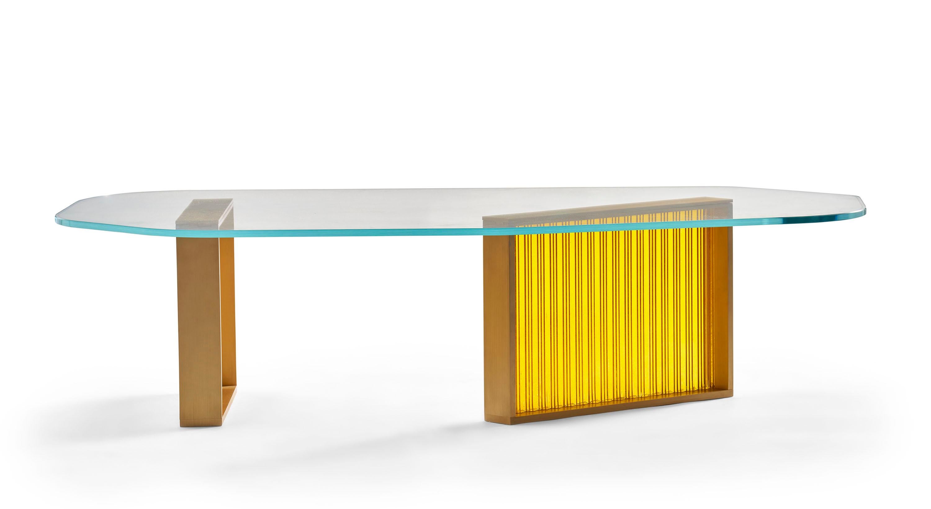 Contemporary Aurora Sofa Table II, a Cast Glass Asymetrical Coffe Table For Sale