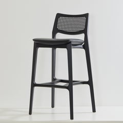 Aurora stool, black solid wood, black caning back, black natural leather
