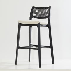 Aurora stool, black solid wood, black caning back, off white textiles seating