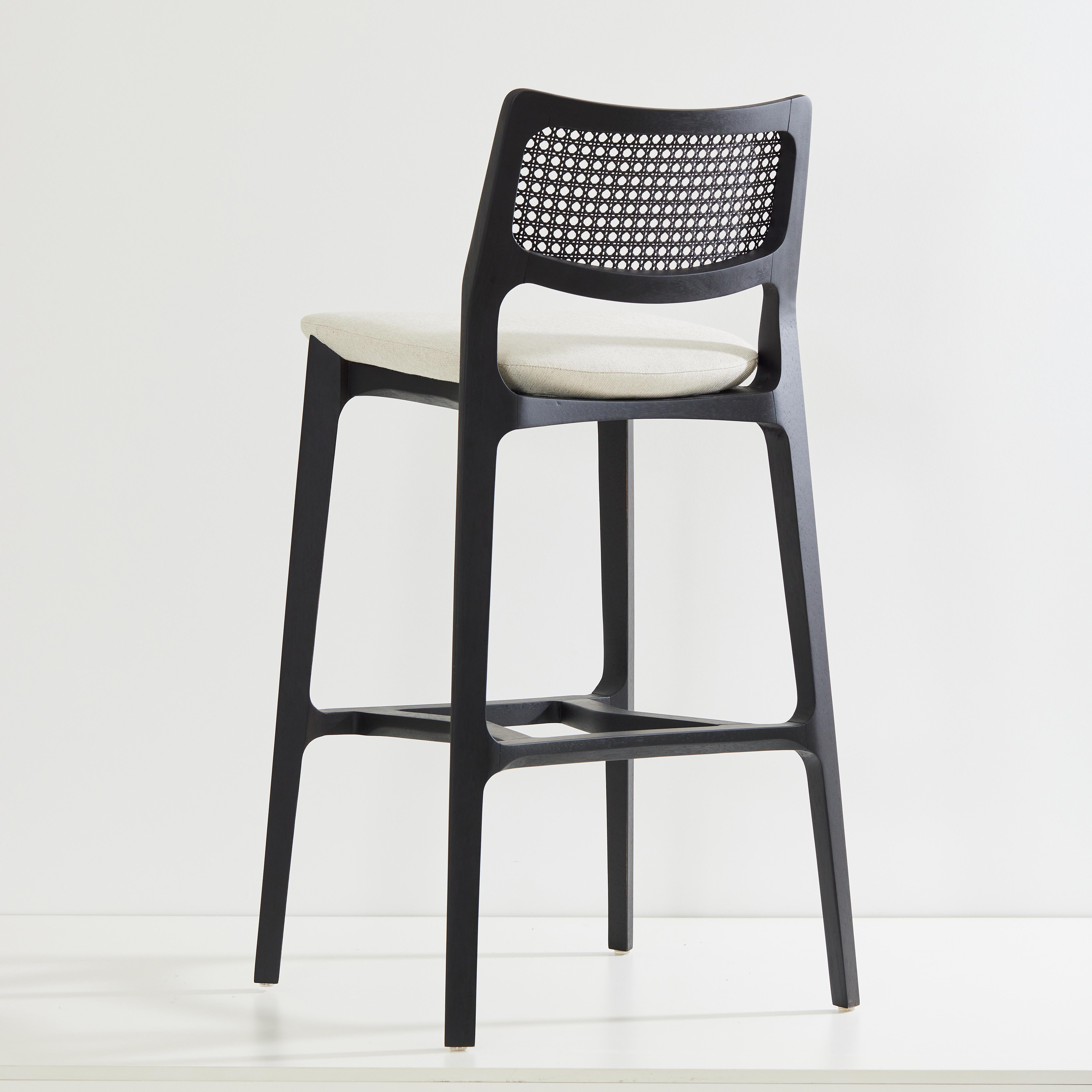 Post-Modern Aurora stool, black solid wood, black caning back, off white textiles seating For Sale