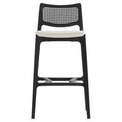 Aurora stool, black solid wood, black caning back, off white textiles seating