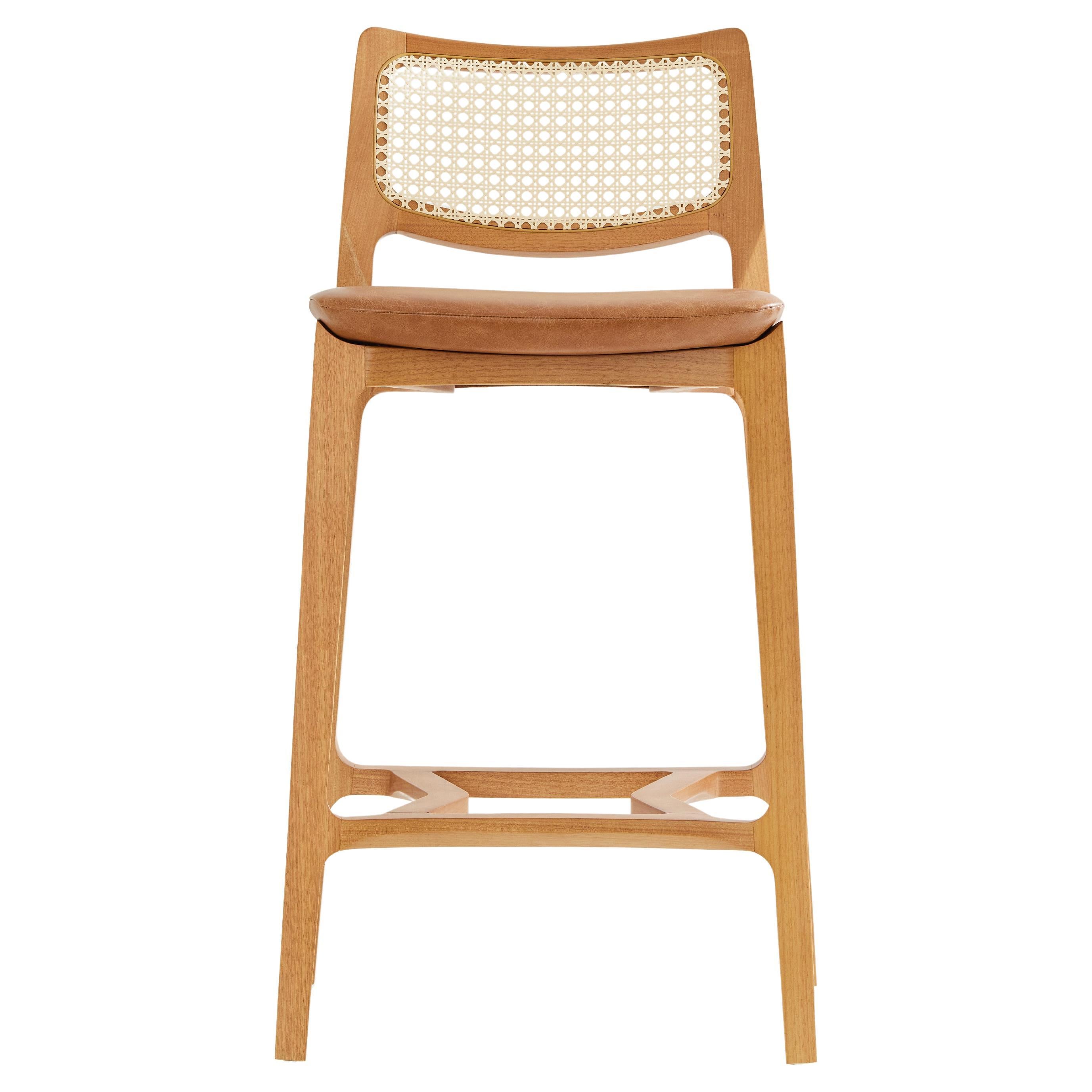 Aurora stool, light honey solid wood, natural caning back, camel leather seating
