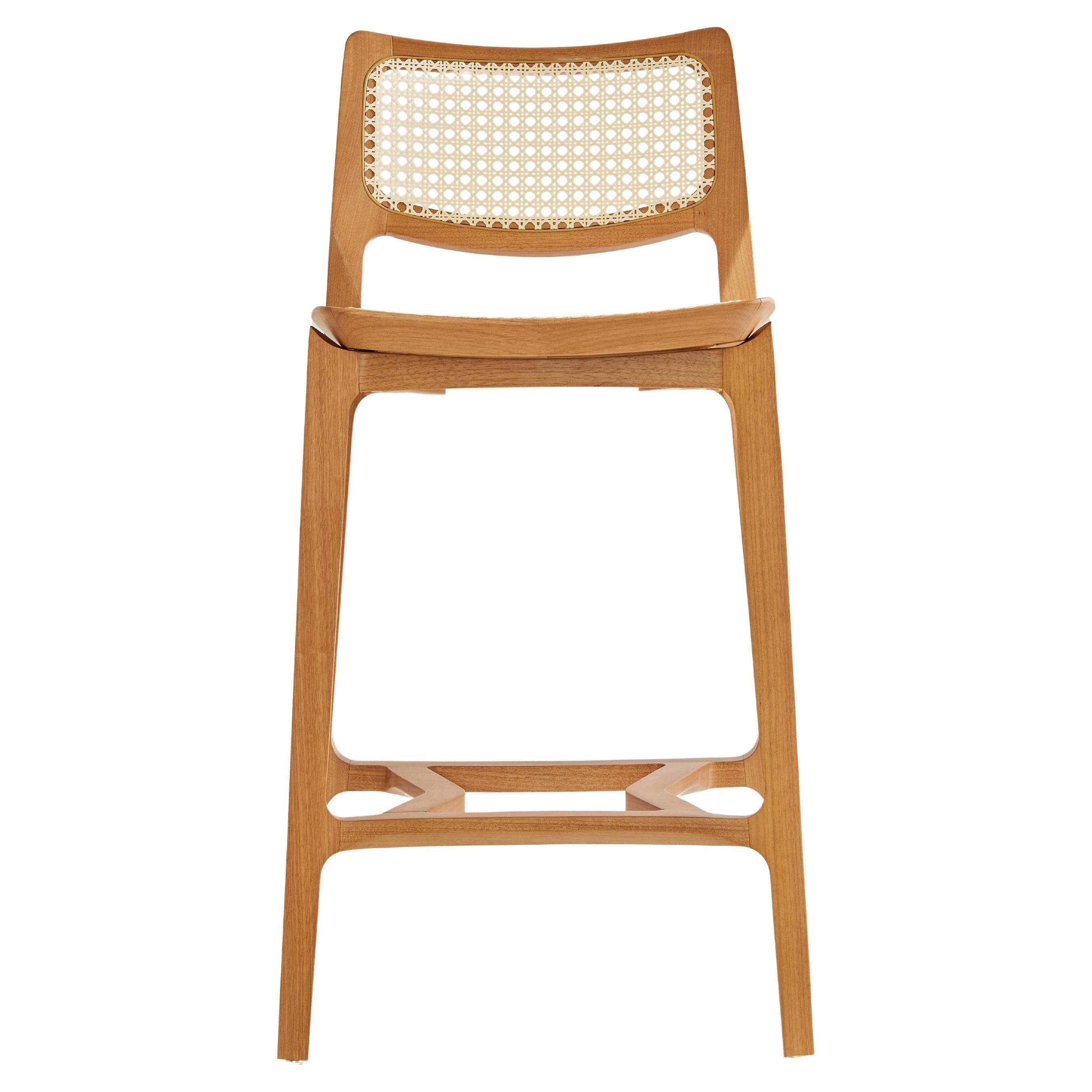 Aurora stool, light honey solid wood, natural caning back, cane seating For Sale